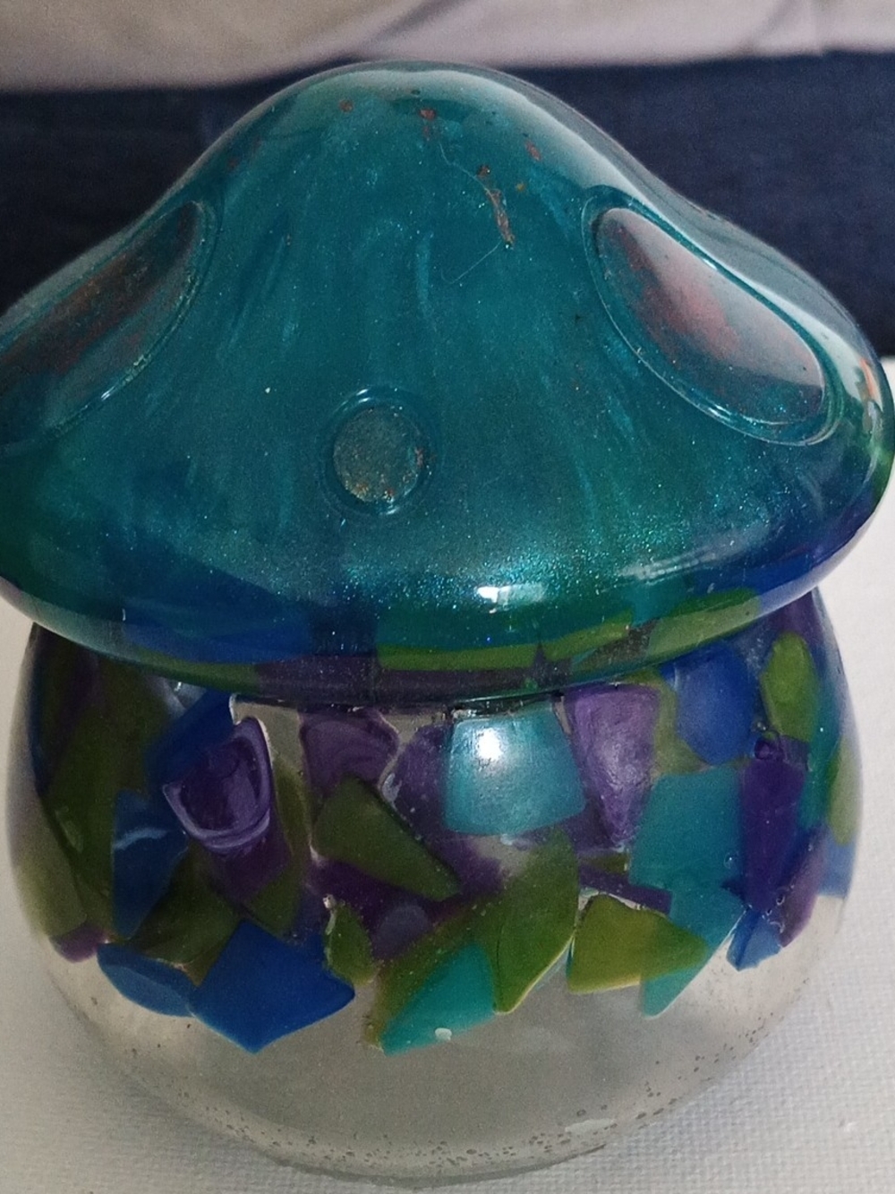 Teal Glass Mushroom Jar with Mosaic Accent